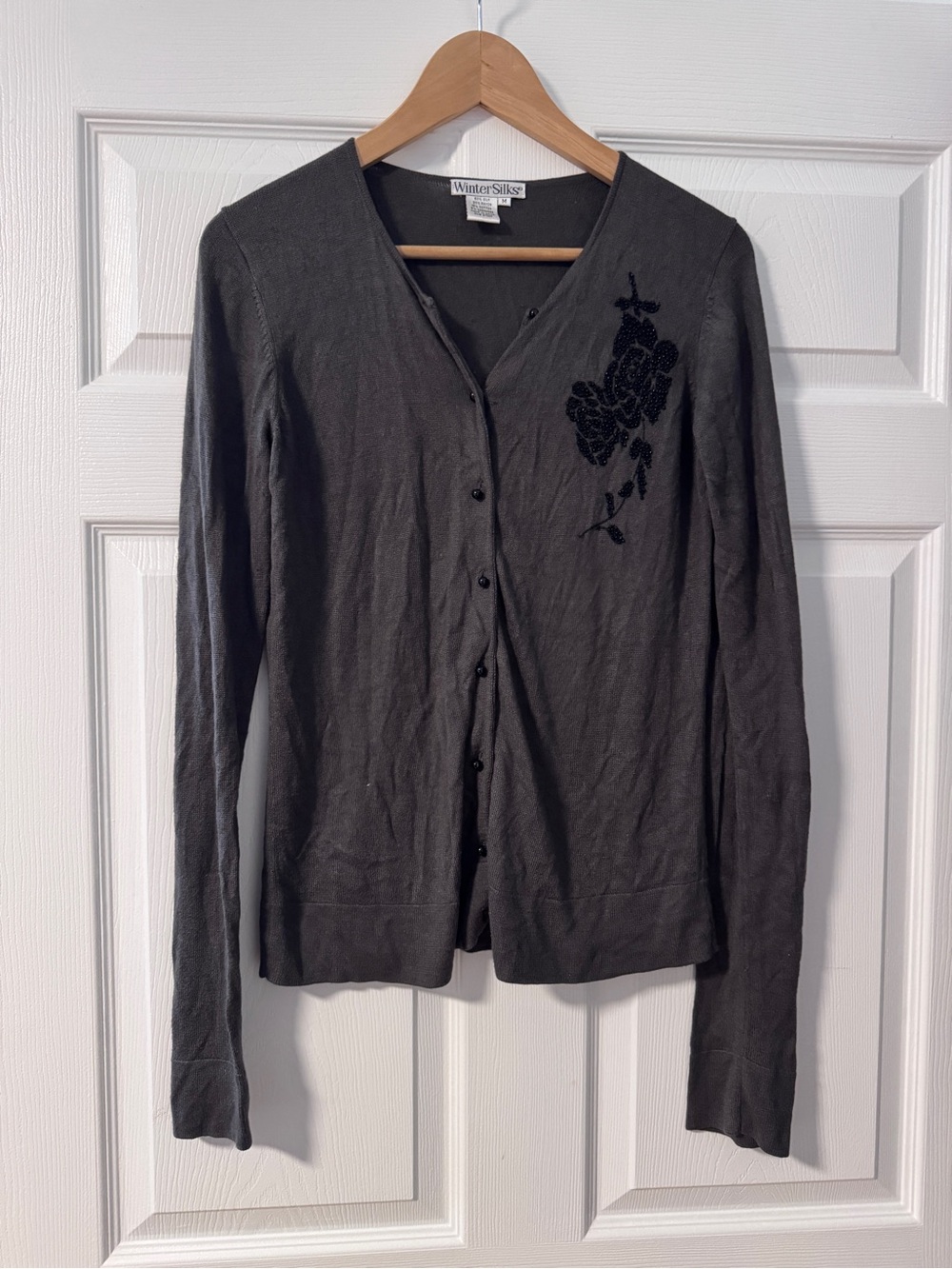 WinterSilks Charcoal Gray Knit Cardigan Black Beaded Floral Detail M